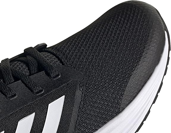 Adidas men's black running shoes with white stripes, Cloudfoam cushioning, and breathable mesh upper for optimal comfort and performance.