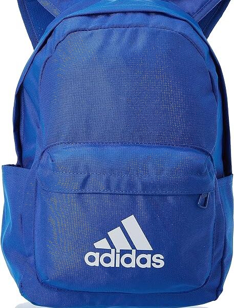 A royal blue Adidas backpack with a bold white logo on the front, featuring a main compartment and a front zip pocket, ideal for daily use.