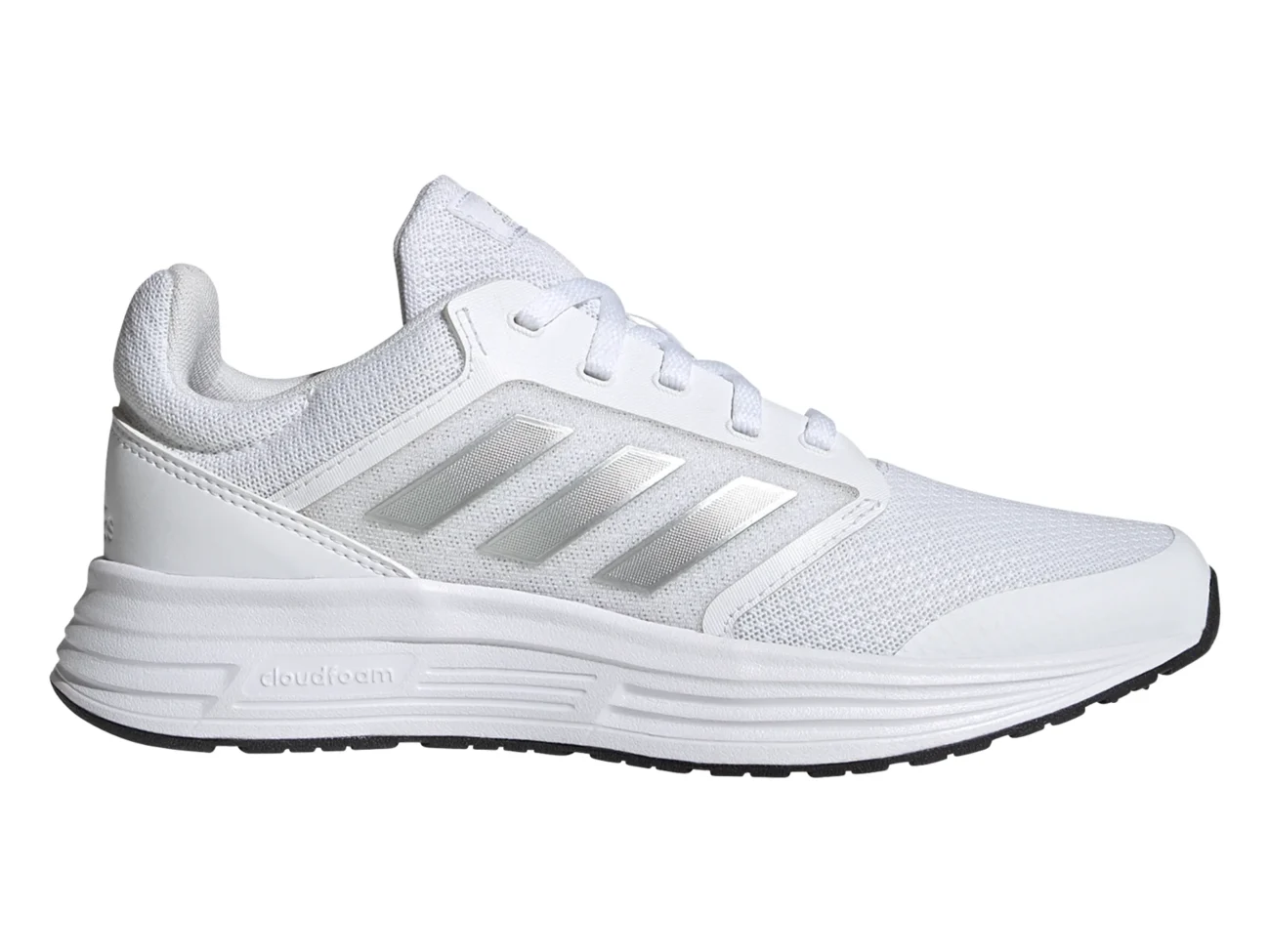 A pair of white Adidas Galaxy 5 Shoes with a breathable mesh upper, Cloudfoam midsole, and iconic 3-Stripes.
