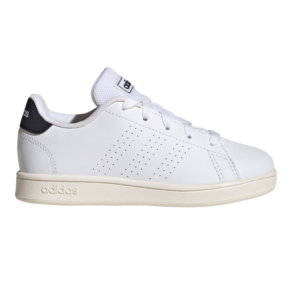 White Adidas Advantage K shoes for kids with black 3-Stripes and perforated details.