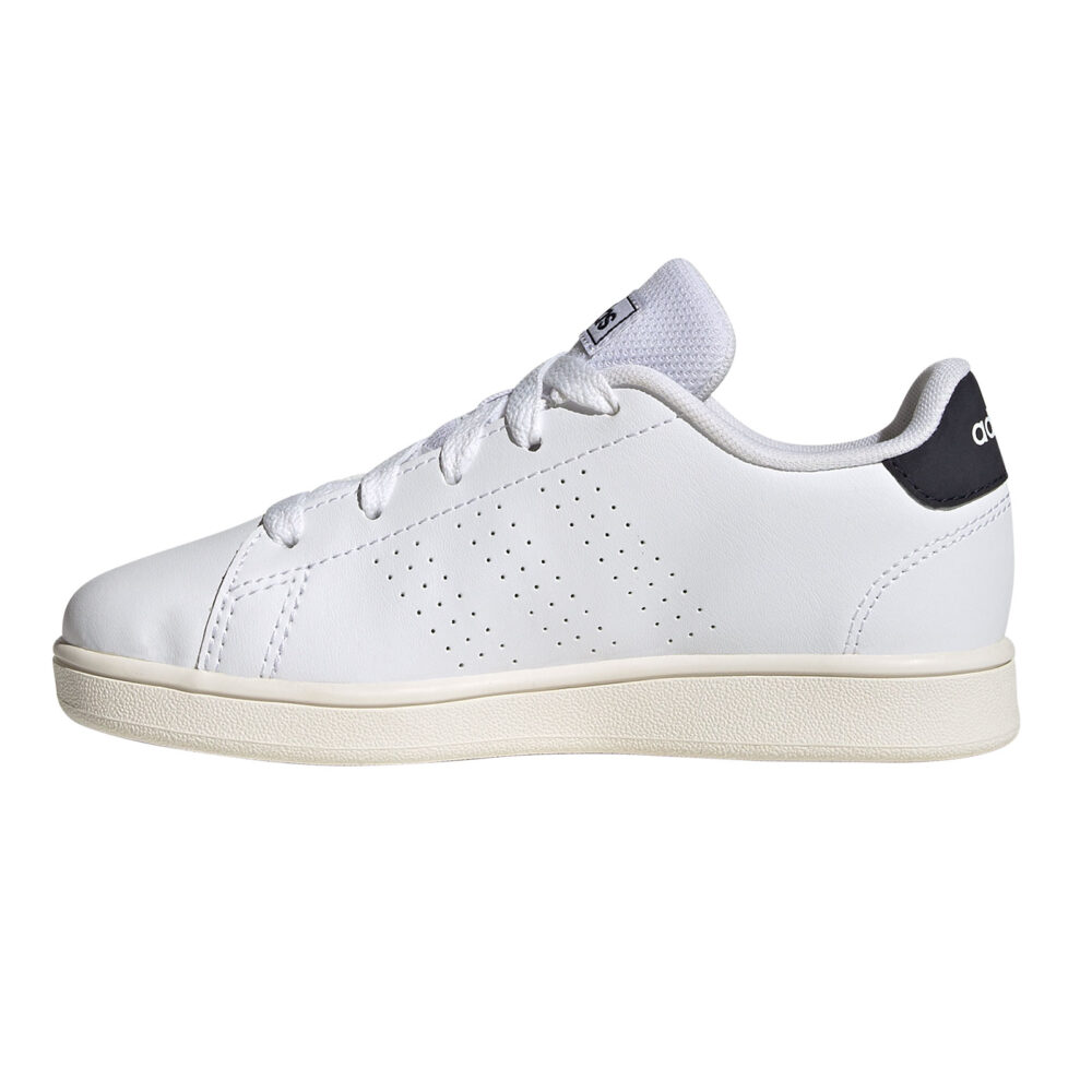 White Adidas Advantage K shoes for kids with black 3-Stripes and perforated details.