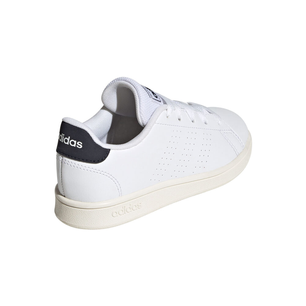 White Adidas Advantage K shoes for kids with black 3-Stripes and perforated details.