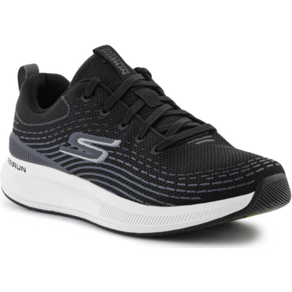 A pair of black Skechers GoRun Ultra R running shoes with a breathable mesh upper and a responsive ULTRA FLIGHT midsole.