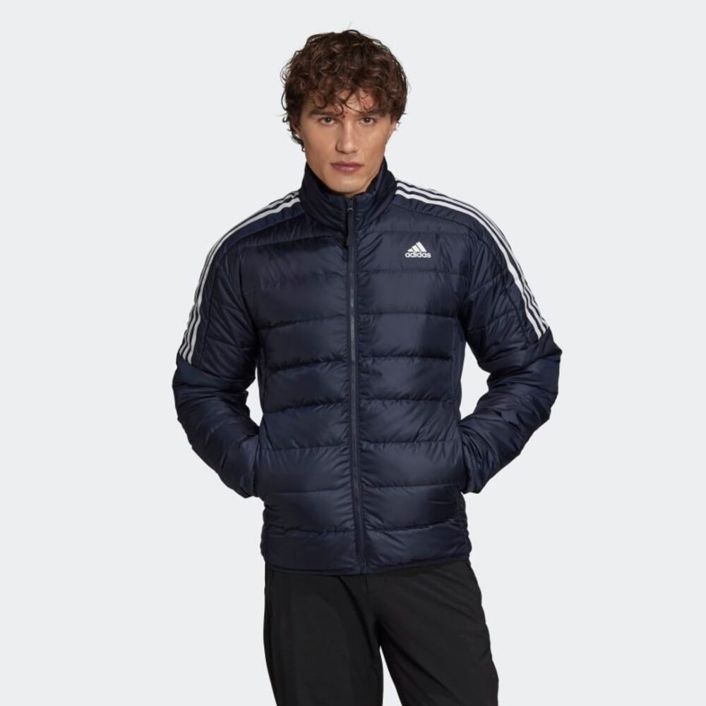 Adidas men's navy blue puffer jacket with 3-stripes on sleeves and logo on chest.