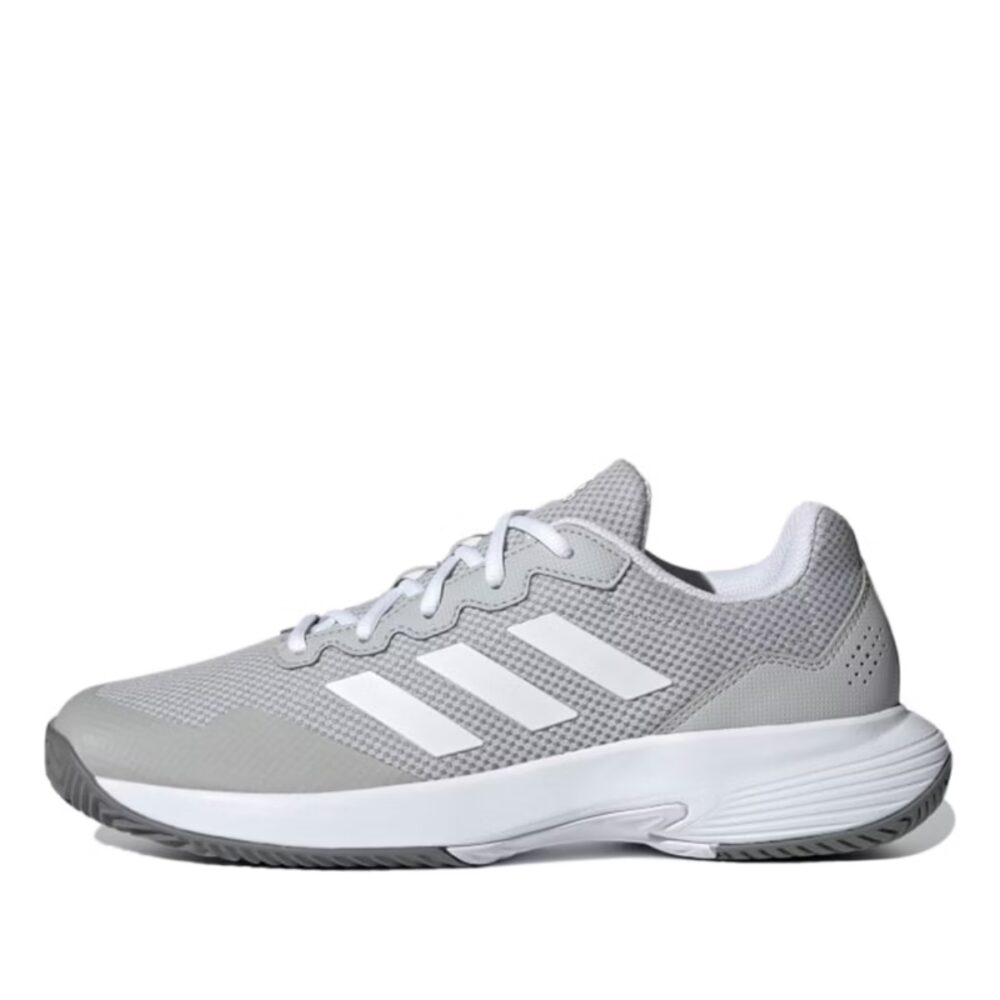 Grey Adidas Gamecourt 2.0 tennis shoes with three stripes and a breathable mesh upper.