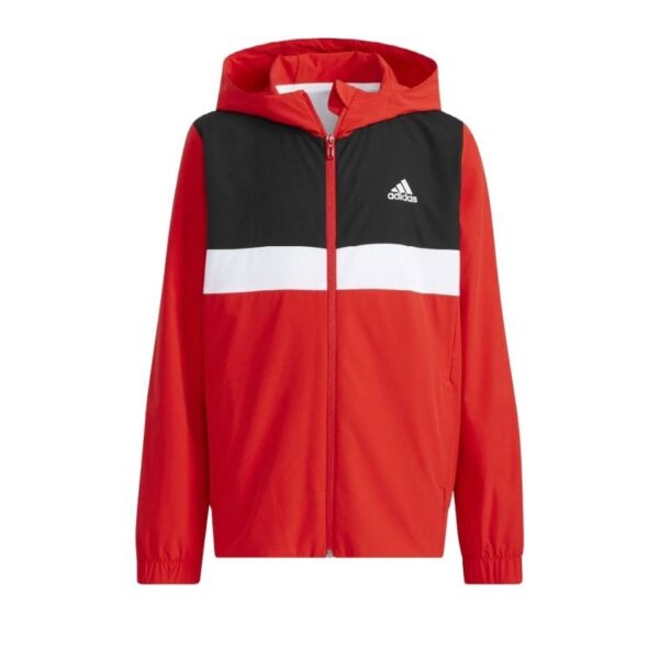 Adidas red hooded windbreaker with a black and white color block design and a white logo, featuring elastic cuffs and a full zip closure.