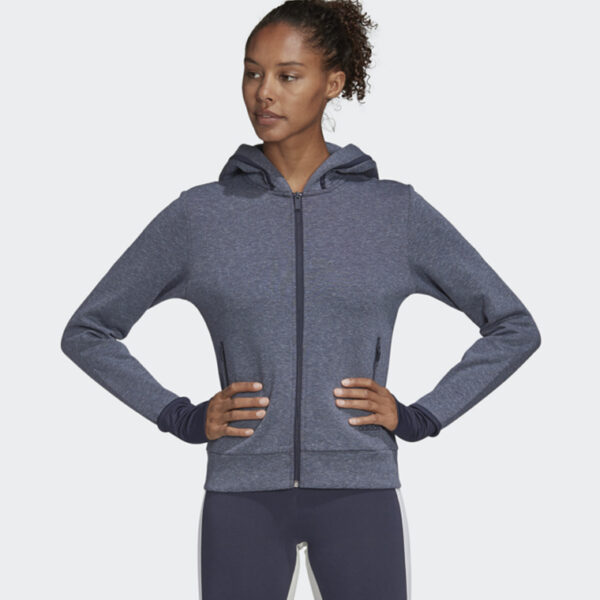 adidas Must Haves Versatility Hoodie, women's full-zip hoodie in gray with black adidas logo on the chest