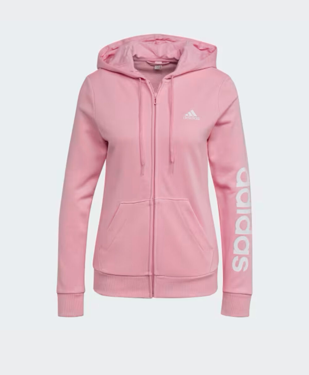 Pink adidas Essentials Linear Logo Full-Zip Hoodie with white adidas logo on the chest and sleeve