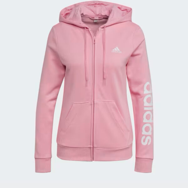 Pink adidas Essentials Linear Logo Full-Zip Hoodie with white adidas logo on the chest and sleeve