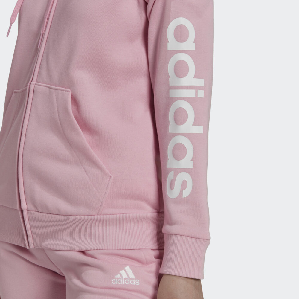 Pink adidas Essentials Linear Logo Full-Zip Hoodie with white adidas logo on the chest and sleeve