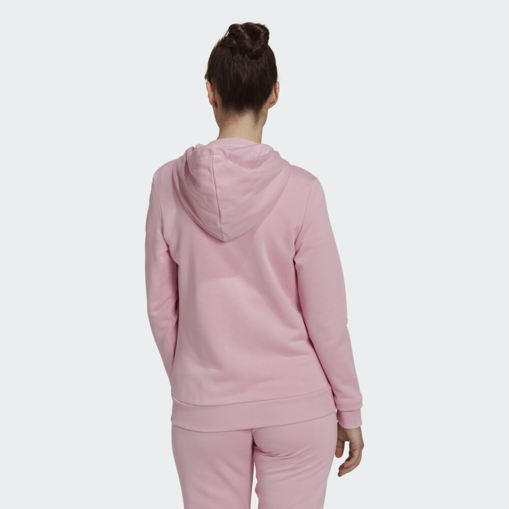 Pink adidas Essentials Linear Logo Full-Zip Hoodie with white adidas logo on the chest and sleeve