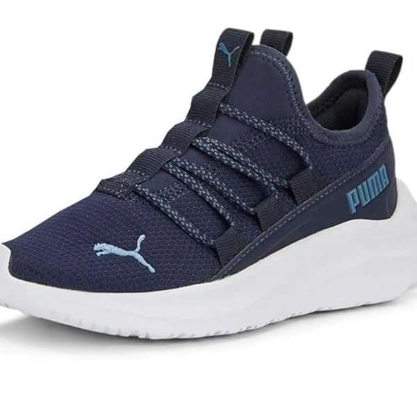 A pair of blue Puma One4all Slip On sneakers with white accents.