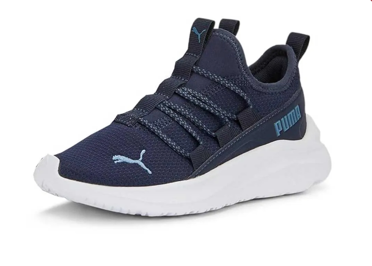 A pair of blue Puma One4all Slip On sneakers with white accents.