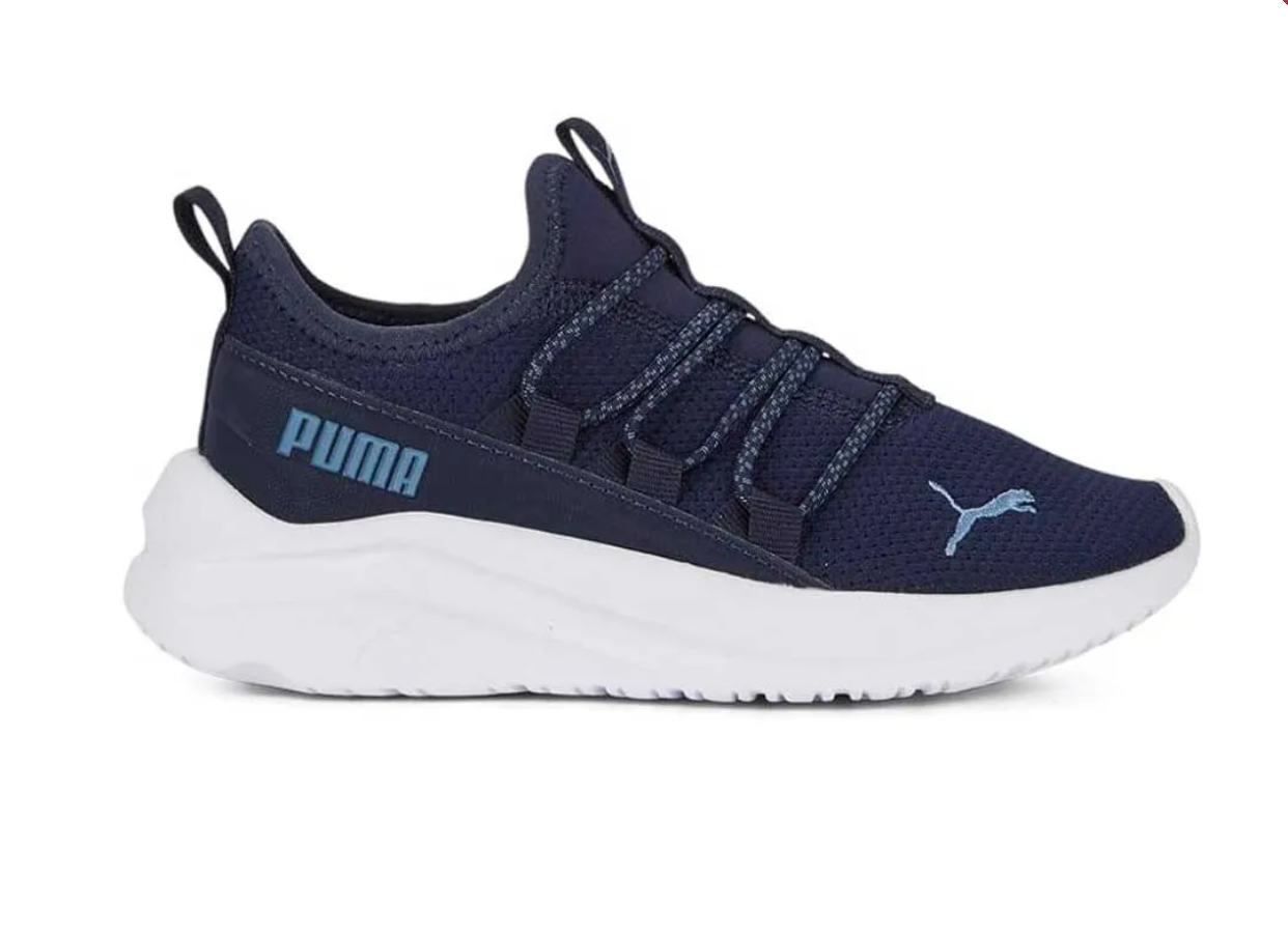 A pair of blue Puma One4all Slip On sneakers with white accents.