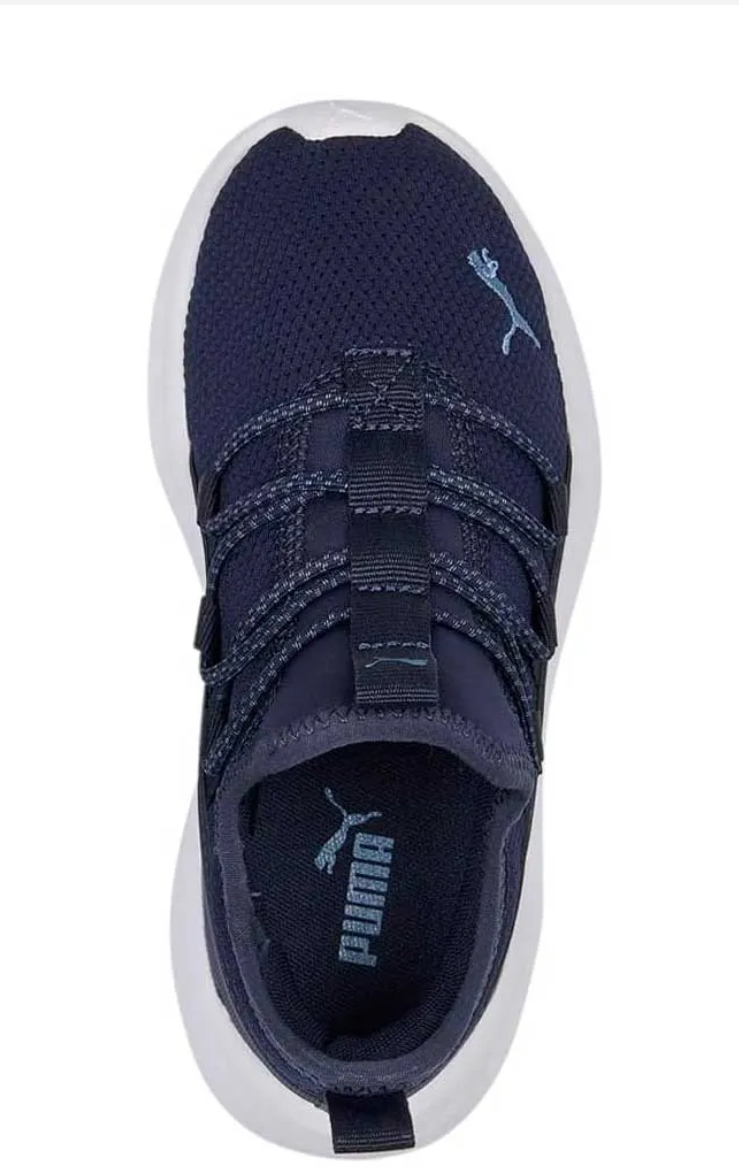 A pair of blue Puma One4all Slip On sneakers with white accents.