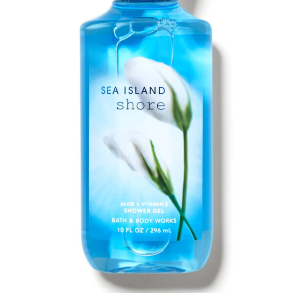 Sea Island Shore Shower Gel bottle by Bath & Body Works, featuring a blue liquid with a floral design on the packaging.