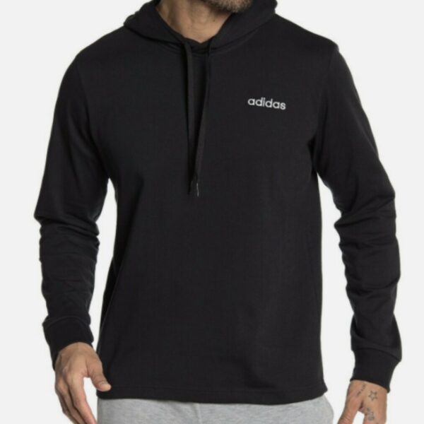 Adidas Essentials Pullover Hoodie in black with the Adidas logo on the left chest.