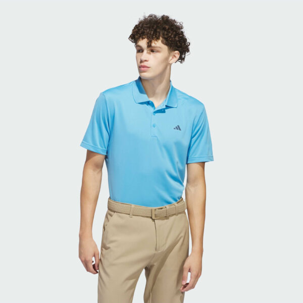 Adidas men's light blue polo shirt with buttoned collar and chest logo.