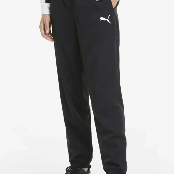 Black Puma track pants with white Puma logo.