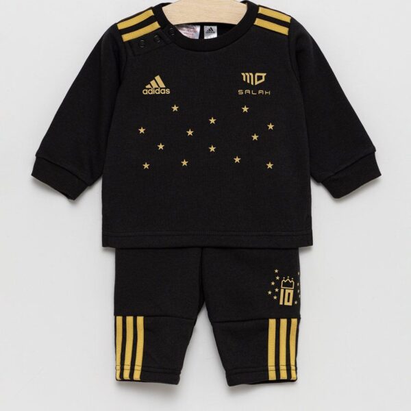 Adidas black sweatshirt and joggers set for kids featuring Mo Salah branding and gold star details.