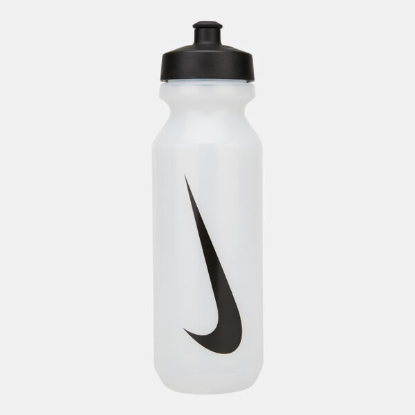 A clear plastic water bottle with the Nike Swoosh logo.