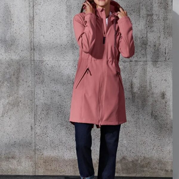 A pink softshell coat with a detachable hood and multiple pockets.