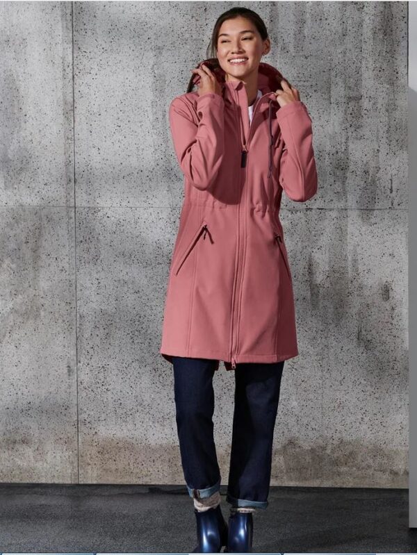 A pink softshell coat with a detachable hood and multiple pockets.