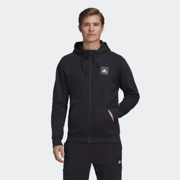 Black Adidas full-zip hoodie with white logo.