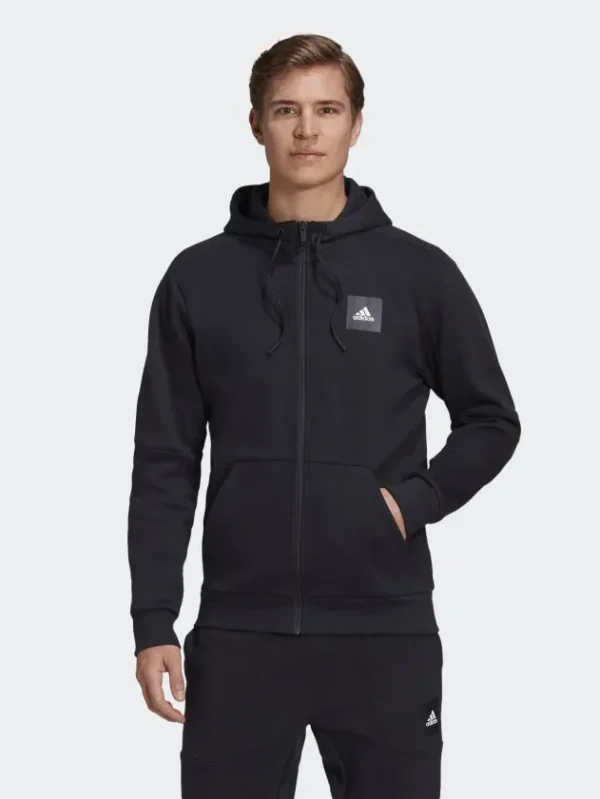 Black Adidas full-zip hoodie with white logo.