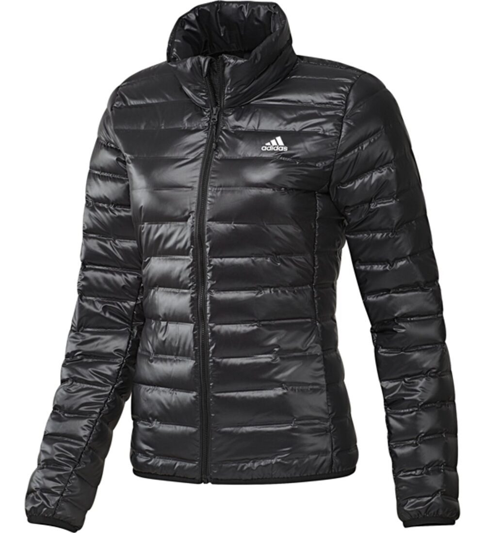 A black Adidas Condivo 20 Down Jacket with a water-resistant finish and a sleek design.