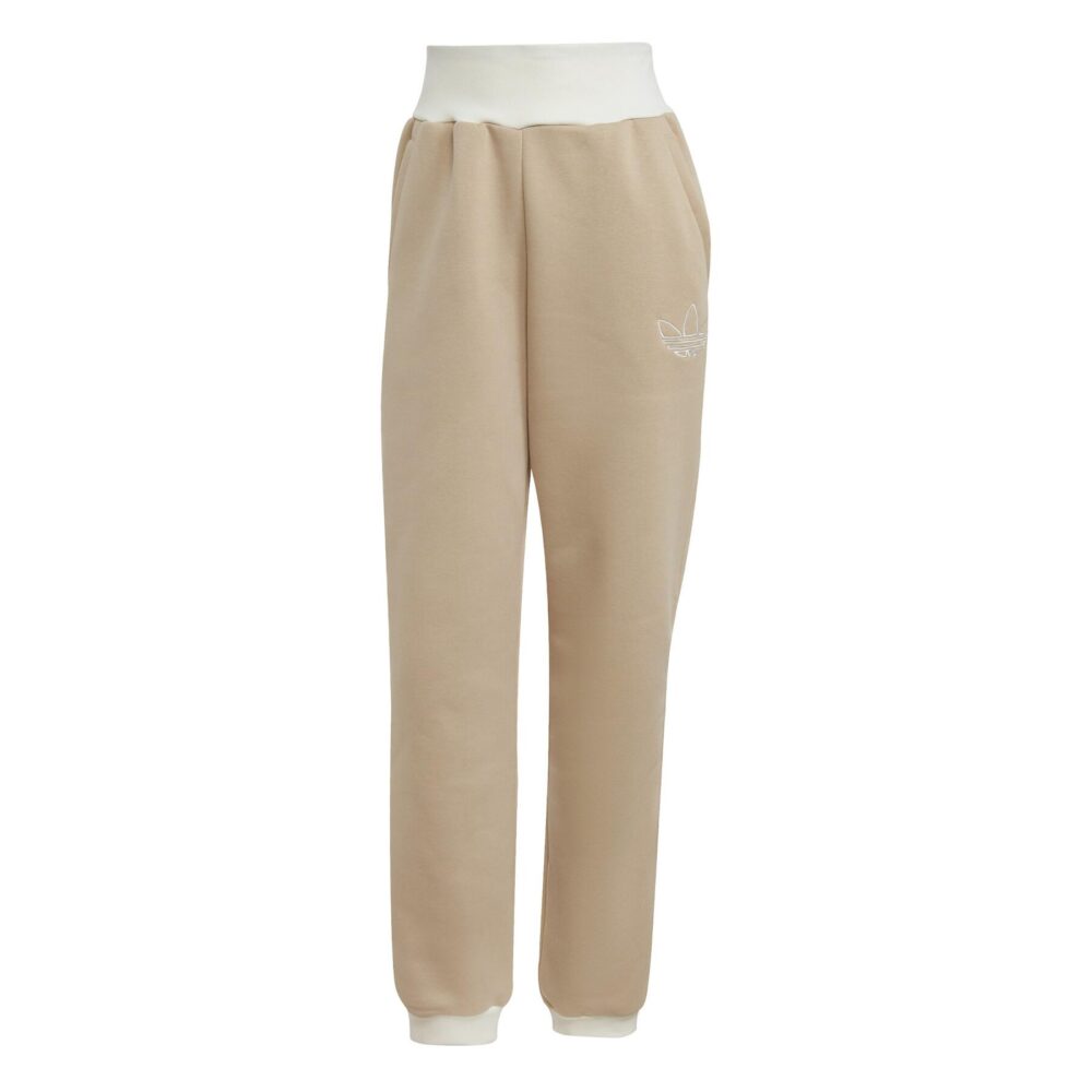 Beige Adidas sweatpants with a white Trefoil logo.