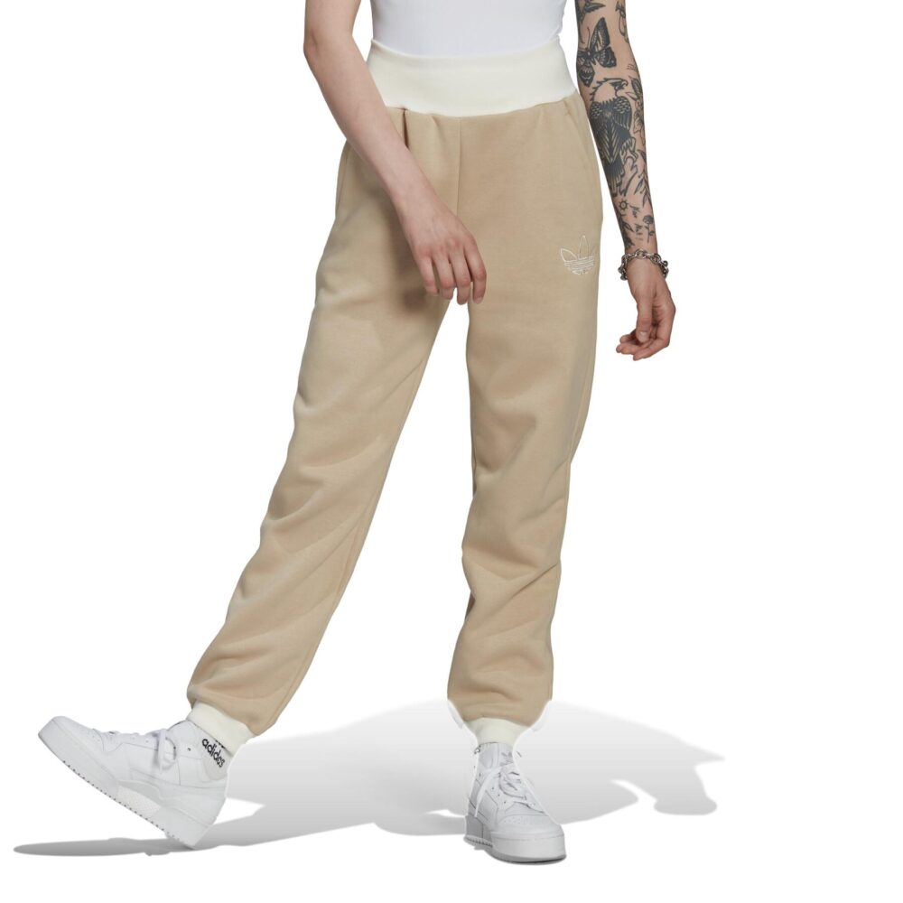 Beige Adidas sweatpants with a white Trefoil logo.