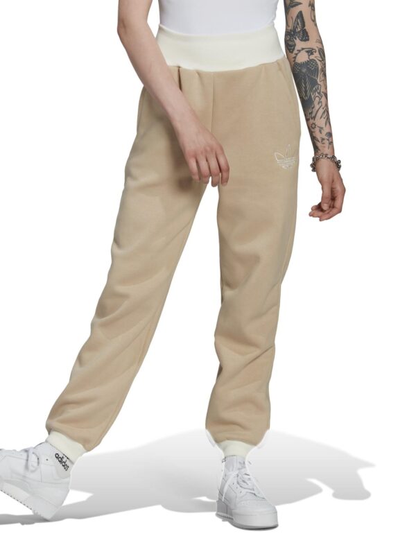 Beige Adidas sweatpants with a white Trefoil logo.