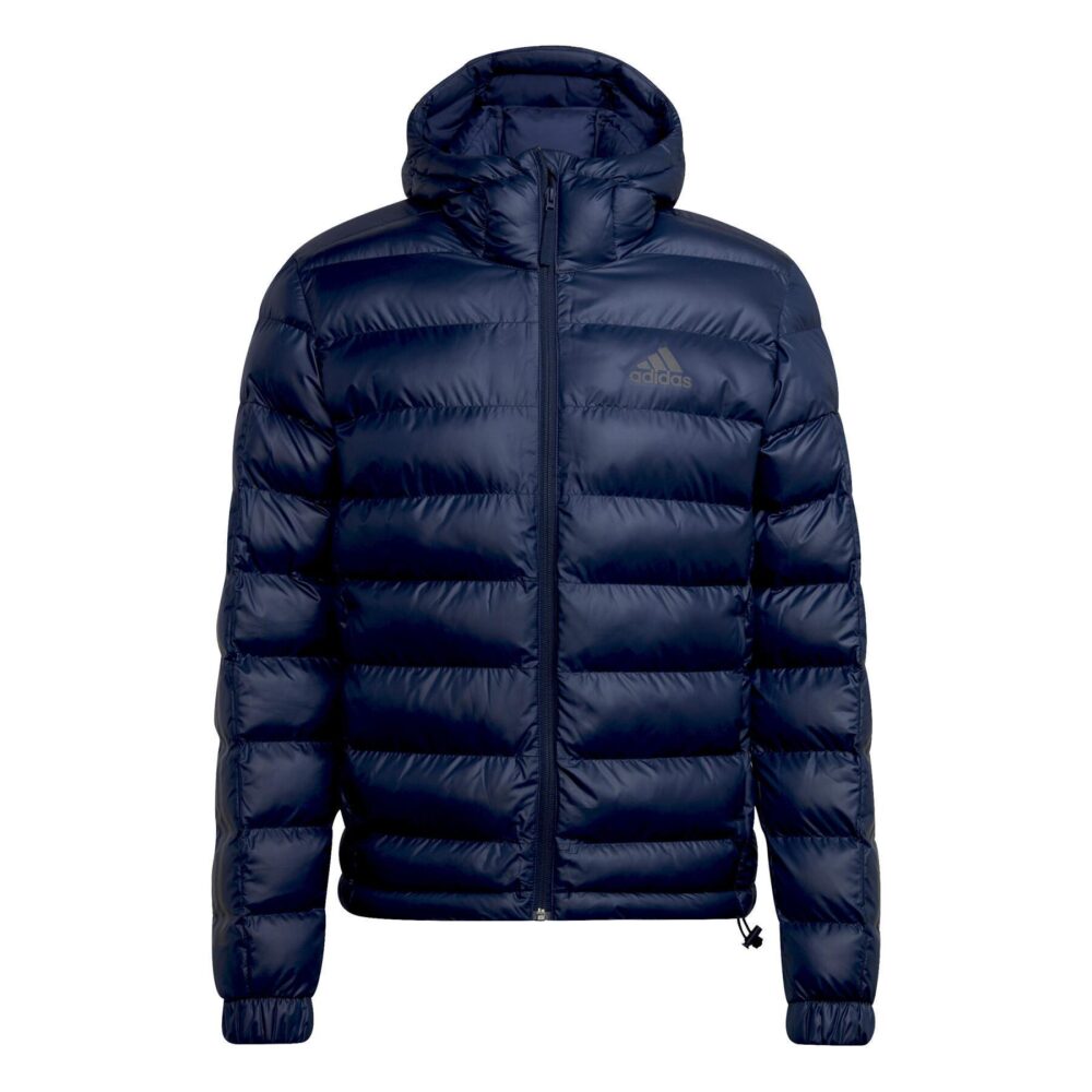 Navy blue Adidas puffer jacket with hood, quilted pattern, and full zipper.