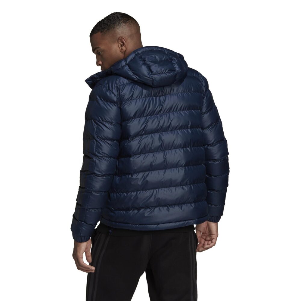 Navy blue Adidas puffer jacket with hood, quilted pattern, and full zipper.