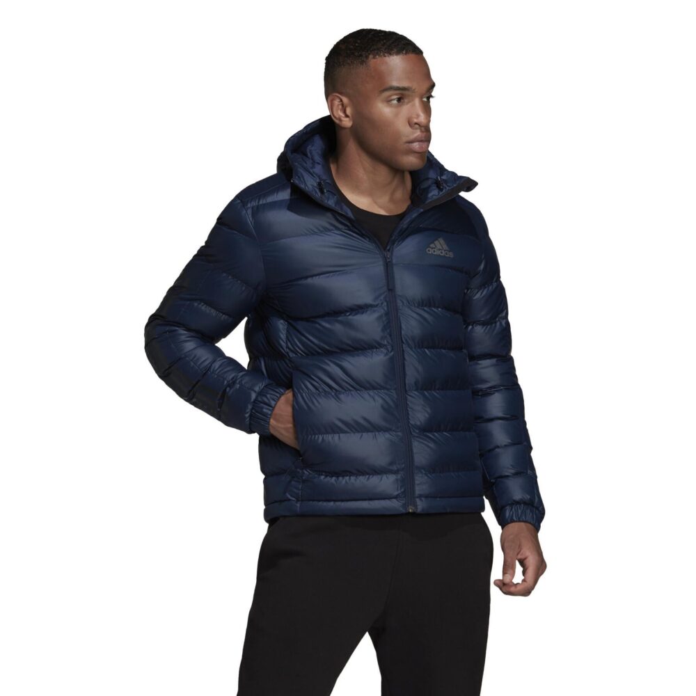 Navy blue Adidas puffer jacket with hood, quilted pattern, and full zipper.