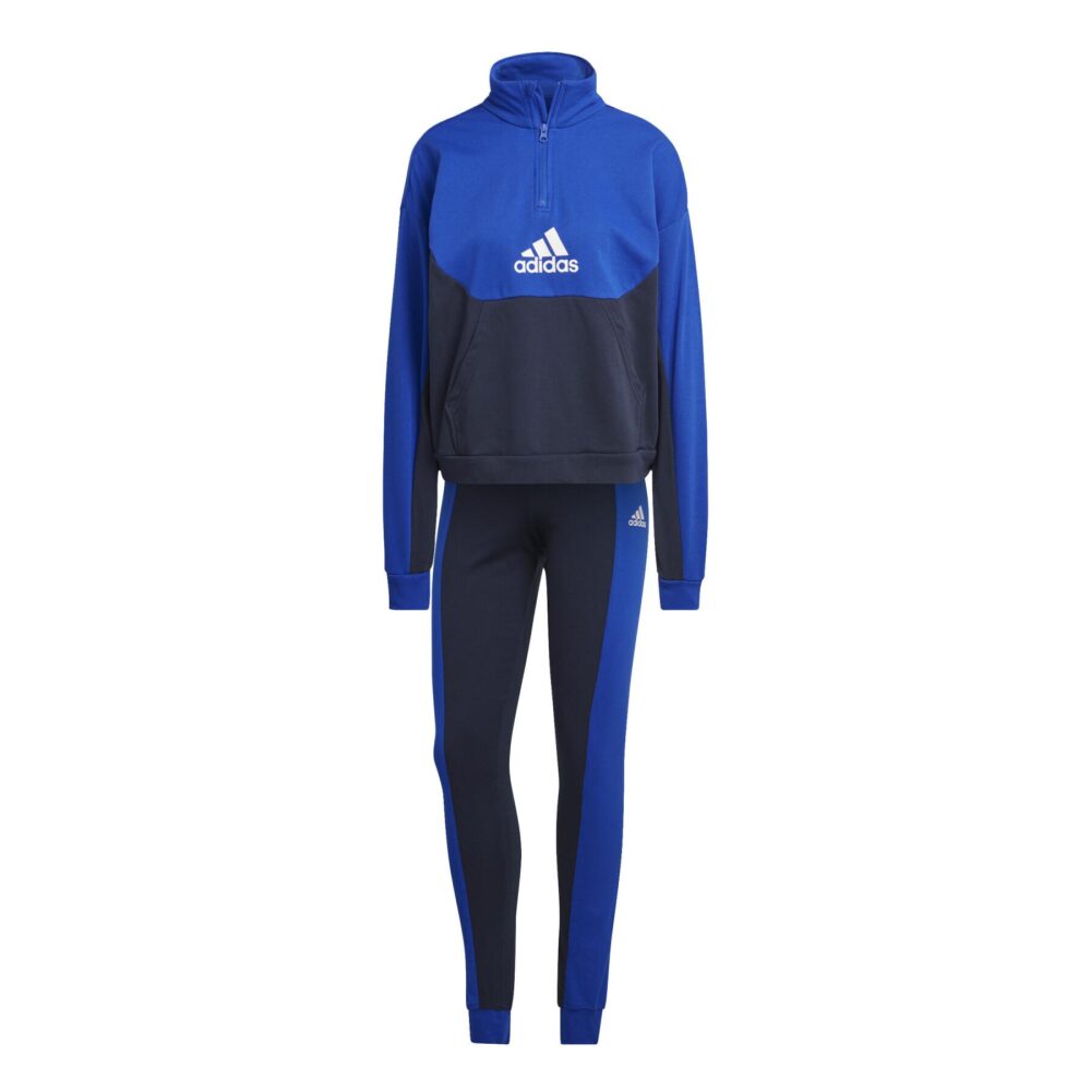 Blue Adidas tracksuit with white 3-Stripes and a half-zip jacket.