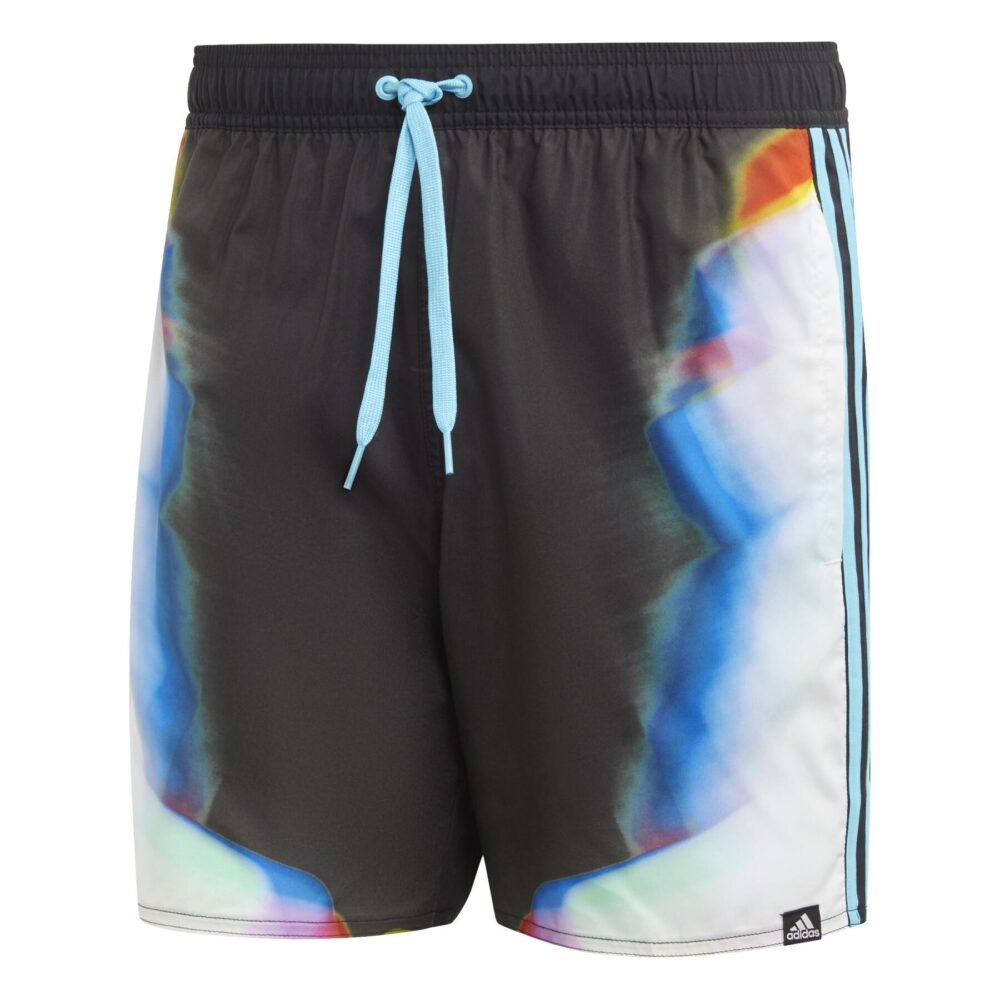 Adidas men’s swim shorts with colorful abstract print, blue drawstring, and side stripes.