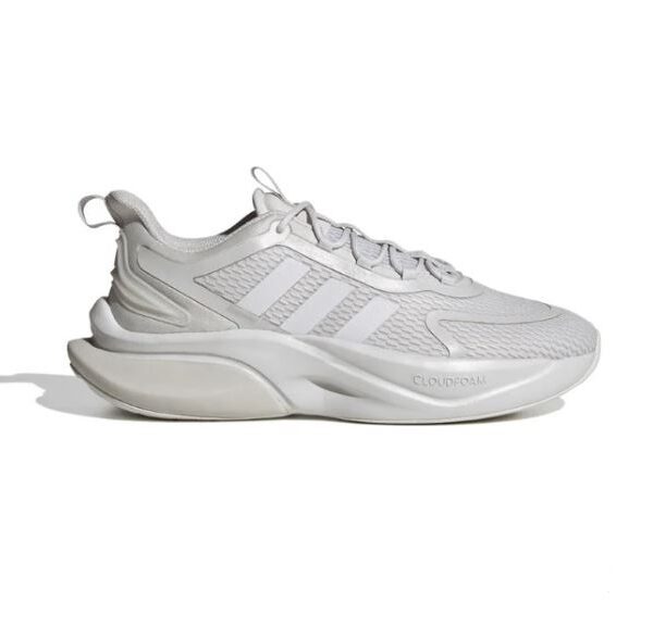 A pair of Adidas white running sneakers with a breathable mesh upper, cushioned midsole, and durable outsole, perfect for casual and athletic use