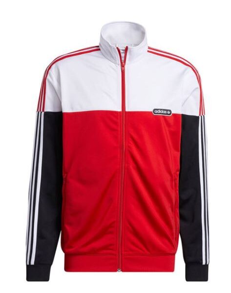 Adidas Men's Red, White, and Black Track Jacket with 3-stripe detailing and full-zip design.