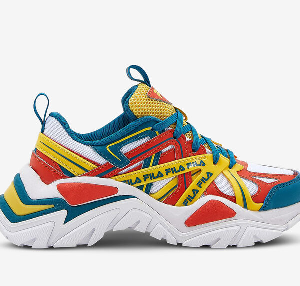 A pair of Fila Electrove 2 sneakers in teal, yellow, and red with a chunky midsole.