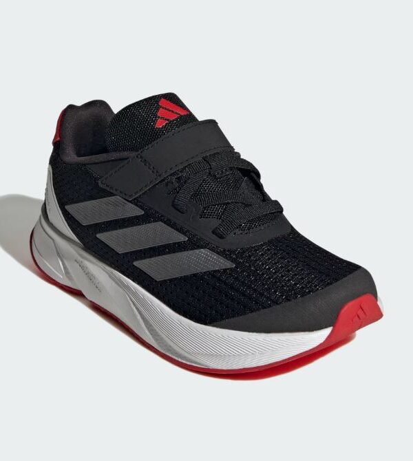 A pair of Adidas women's black and red running shoes featuring a breathable mesh upper, adjustable strap, and cushioned sole, perfect for workouts or casual wear.