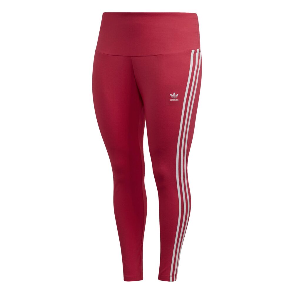 Adidas women's red high-waisted leggings with white 3-stripes and Trefoil logo.