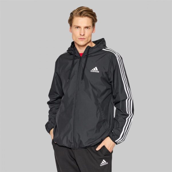 Black Adidas windbreaker jacket with white 3-Stripes.