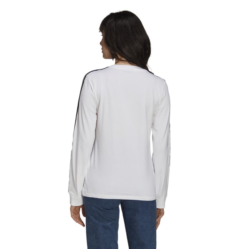 Adidas Originals women's white long sleeve T-shirt with 3-stripes design on the sleeves and Trefoil logo on the chest.