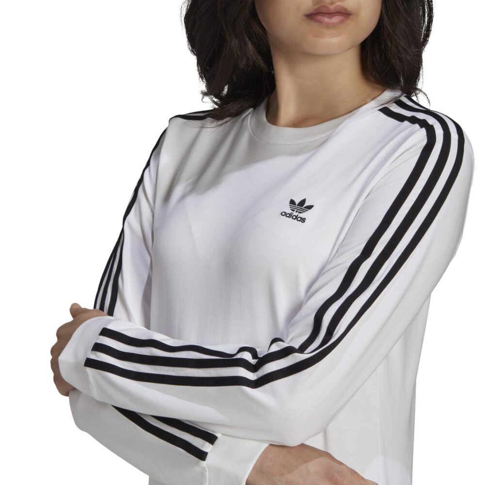 Adidas Originals women's white long sleeve T-shirt with 3-stripes design on the sleeves and Trefoil logo on the chest.