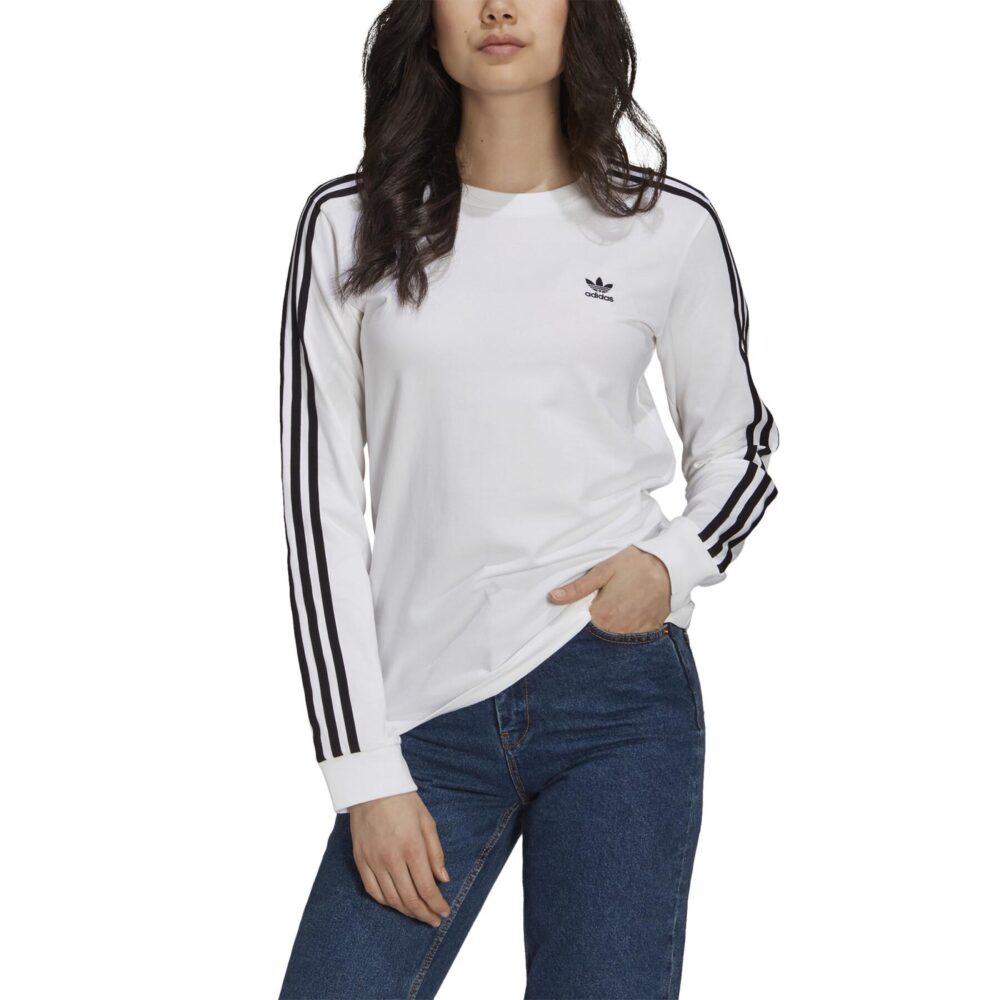 Adidas Originals women's white long sleeve T-shirt with 3-stripes design on the sleeves and Trefoil logo on the chest.