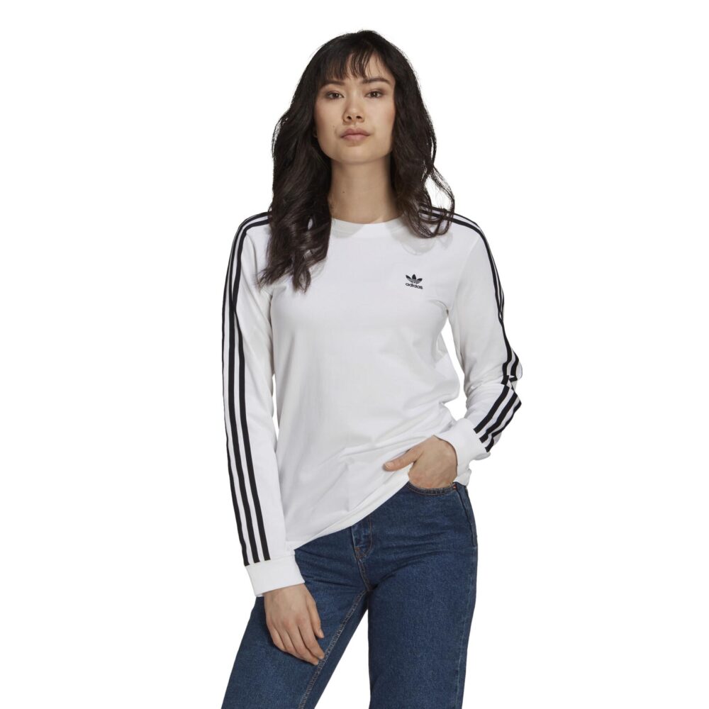 Adidas Originals women's white long sleeve T-shirt with 3-stripes design on the sleeves and Trefoil logo on the chest.