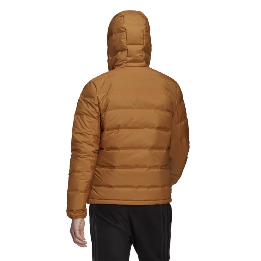 A tan Adidas Essentials Light Down Jacket with a hood and zippered pockets.