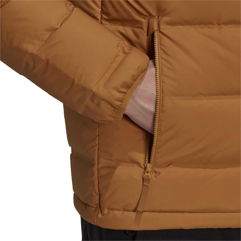 A tan Adidas Essentials Light Down Jacket with a hood and zippered pockets.